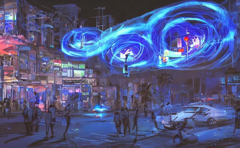 Image similar to people with posters attacking cops in front a huge blue spiral - shaped bright white luminous attractor that is floating and stores in los angeles with light screens all over the street, concept art, art for the game, professional lighting, night lighting from streetlights