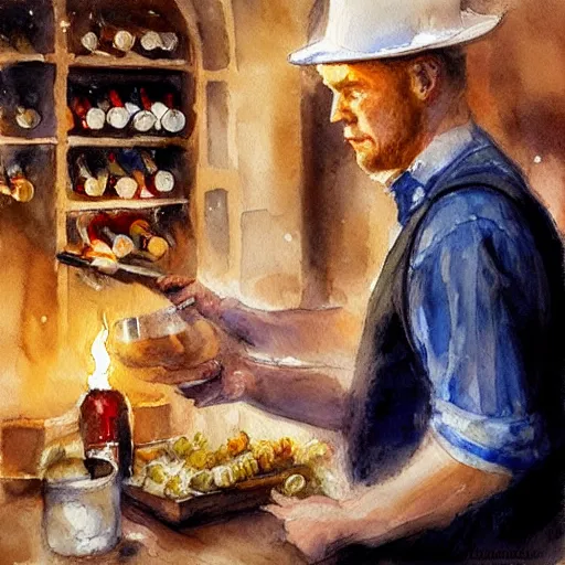 Image similar to hot blonde working in a wine cellar, food, pork, beer, schnapps, rustic, traditional, torches on the wall, watercolor by vladimir volegov