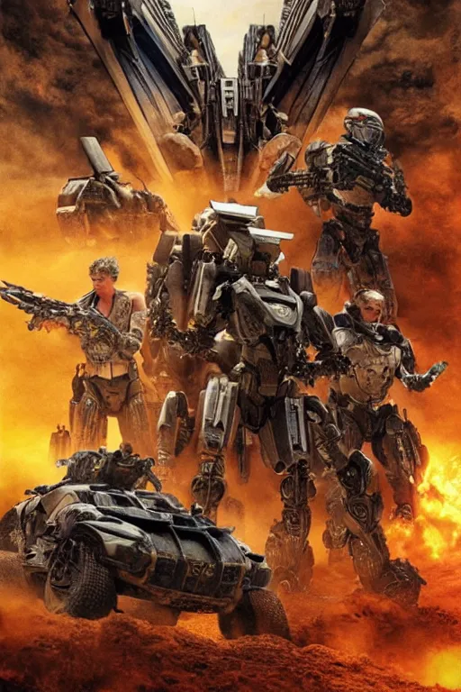 Image similar to epic sandstorm battle, Action, movie pacific rim, in the Movie transformers, in the Movie Mad Max: Fury Road (2015), by drew struzan