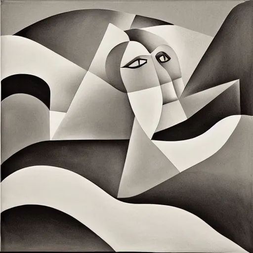 Image similar to woman as the natural landscape, her curves form the mountains and rivers of the land , high quality art in the style of cubism and georgia o’keefe,