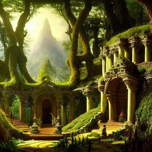 Image similar to a beautiful and highly detailed matte painting of an elven temple in a magical fantasy garden in a lush forest, intricate details, epic scale, insanely complex, 8 k, sharp focus, hyperrealism, very realistic, by caspar friedrich, albert bierstadt, james gurney, brian froud,