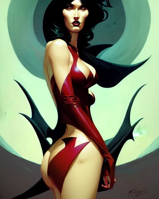 Prompt: peter mohrbacher, phil noto comicbook cover art, megan fox as vampirella