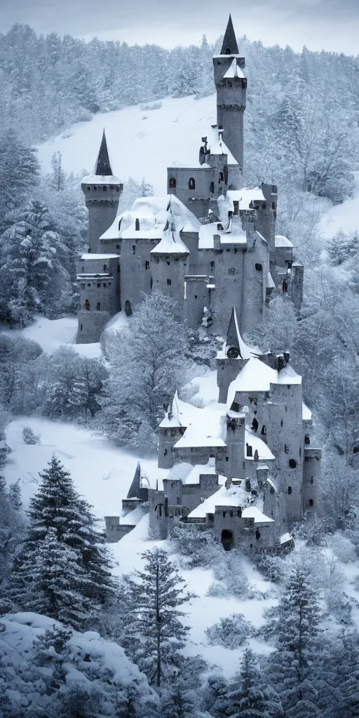 Prompt: a abandoned castle on top of a snowy mountain, 8 k, shallow depth of field, intricate detail, concept art,