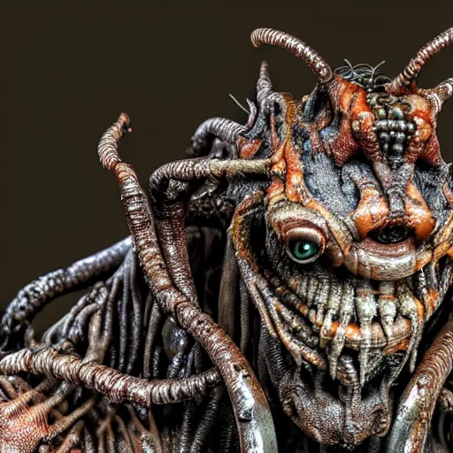 Image similar to photo taken of an epic intricate, ultra detailed, super realistic gritty, wet, slimy, lifelike sculpture of a nightmarish hellish humanoid faced insectoid creature created by weta workshop, menacing, some zoomed in shots, extremely photorealistic, sharp focus