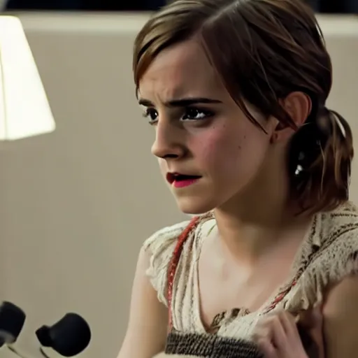 Image similar to emma watson in distress, full body visible, tied with a chair, emma is crying and angry, she is unable to escape, hyperrealistic, 4 k