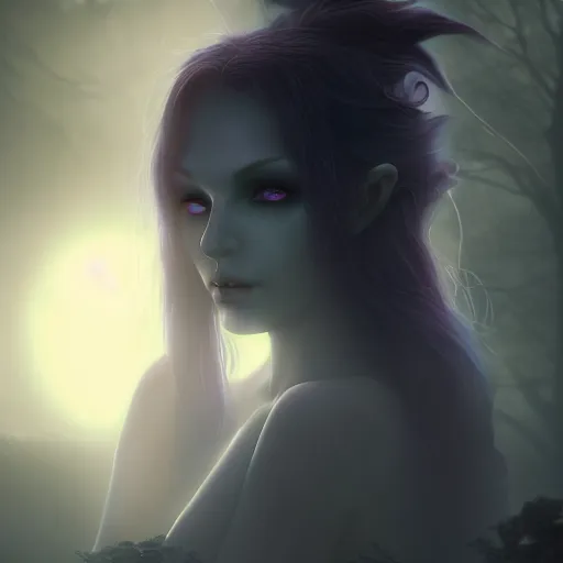 Prompt: Captivating solemnly, PANDORA, New Tales of the Vampires character, portrait, Highgate cemetery, fog, volumetric lighting, beautiful, blueish moonlight, sharp focus, ultra detailed, cgsociety