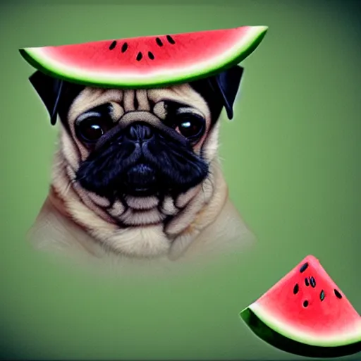 Image similar to A pug riding in a watermelon UFO, digital art