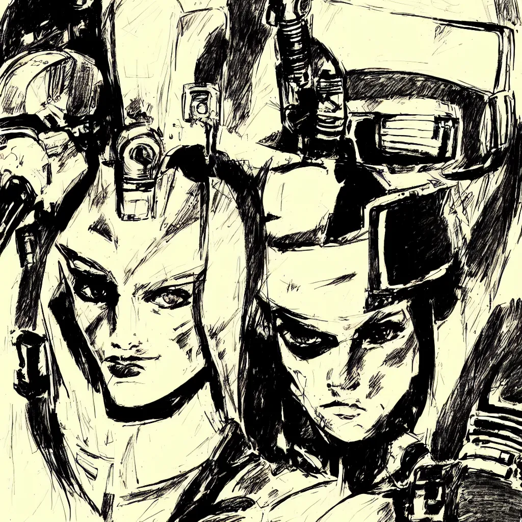 Image similar to beautiful portrait of a young futuristic female soldier, frank miller style, sketch