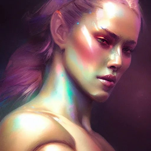 Image similar to a beautiful portrait of a goddess with iridescent skin by greg rutkowski and raymond swanland, trending on artstation