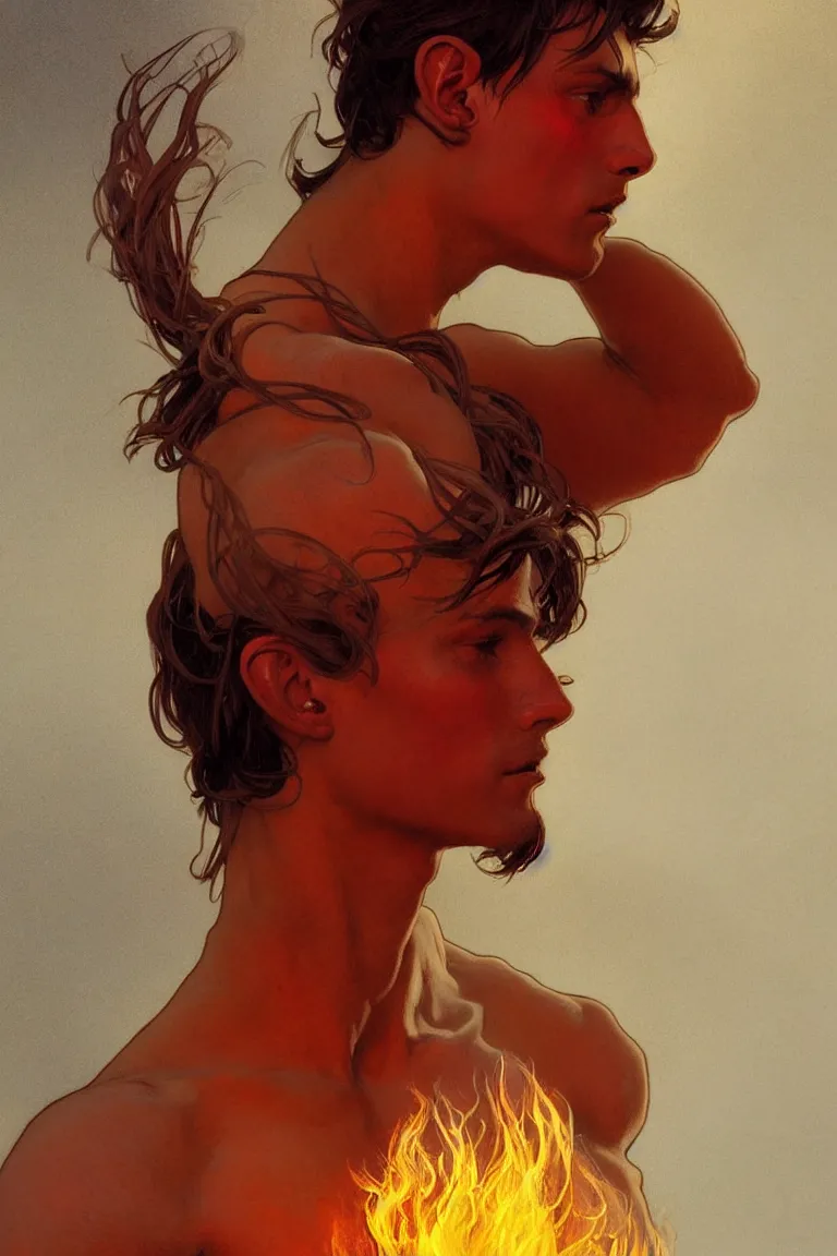 Image similar to portrait of a beautiful young fit male spirit with fire hairs and coal skin, luminous, by greg rutkowski and alphonse mucha, d & d character, gradient red to yellow, in front of a desert background, highly detailed portrait, digital painting, artstation, concept art, smooth, sharp focus ilustration, artstation hq