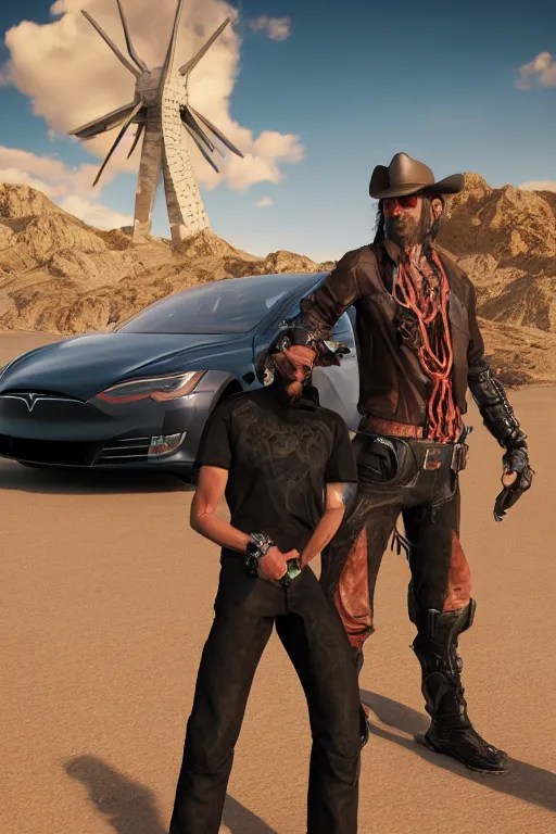 Prompt: cyberpunk cowboy with his tesla in the Mojave desert, high definition, many details, dramatic scene, detailed and realistic hands, symmetrical face, realistic eyes, art of unreal engine 5