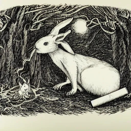 Image similar to a pen and ink drawing of a white rabbit smoking a cigarette while reclining in a deep dark tangled forest, a lingering smoke cloud, childrens book illustration, by edward gorey, by gustav dore