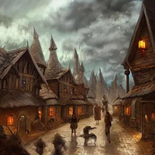 Prompt: villagers going about their day, medieval fantasy inspired, concept art, wide shot, cloudy, detailed, intricate, dynamic lighting, high resolution, village, shops, streets