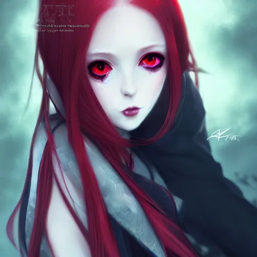 Image similar to facial portrait of a young pretty anime woman, long red hair, dark eyes, gothic eyeliner, character concept art, headshot, Charlie Bowater, Anna Dittmann, WLOP, Rumiko Takahashi, Akihiko Yoshida, Hyung-tae Kim, alexander mcqueen, trending on Artstation