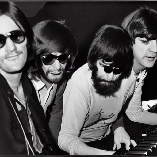 Prompt: Charles Manson playing keyboard with The Beatles, flash photography, 8k