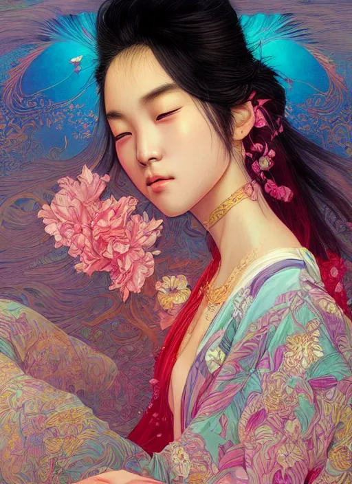 Image similar to beautiful young Asian lovers, gorgeous faces, sad eyes, tears, vaporwave aesthetic, synthwave, colorful, intricate, elegant, long beautiful flowing kimono, highly detailed, digital painting, artstation, concept art, smooth, sharp focus, illustration, art by artgerm and greg rutkowski and alphonse mucha
