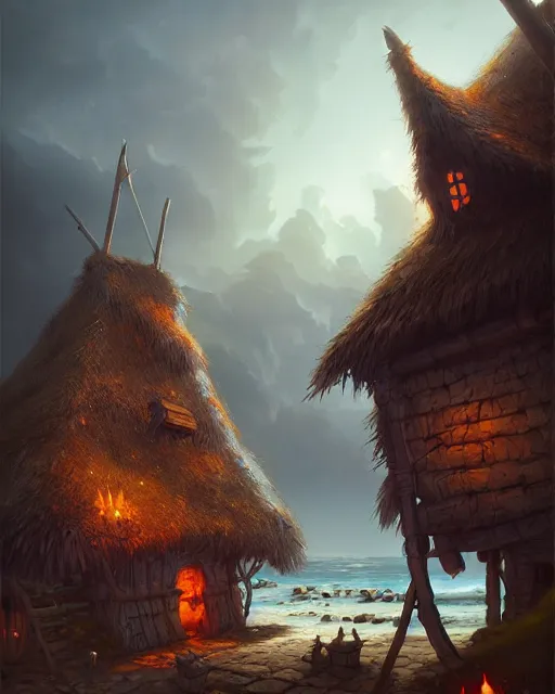 Image similar to medieval viking village next to the ocean, by peter mohrbacher and dan mumford and nekro, cgsociety, volumetric light, 3 d render