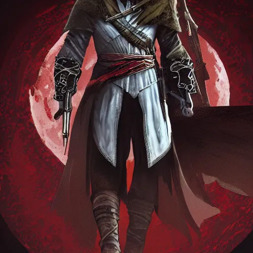 Image similar to an ultra detailed vector image of ezio auditore dressed as the hunter from bloodborne, concept art by alphonse mucha and greg rutkowski, praise the blood moon, octane render, liminal space