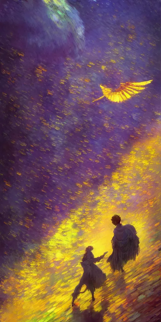 Prompt: the golden wing ship is passing my way fantastic characters in the scene, epic cyberpunk, lofi vibe, colorful, vivide colors, amazing light, really beautiful nature, oil painting, by jeremy lipkin, by claude monet, by makoto shinkai, kandinsky touches, multiple brush strokes, inspired by ghibli, masterpiece, beautiful