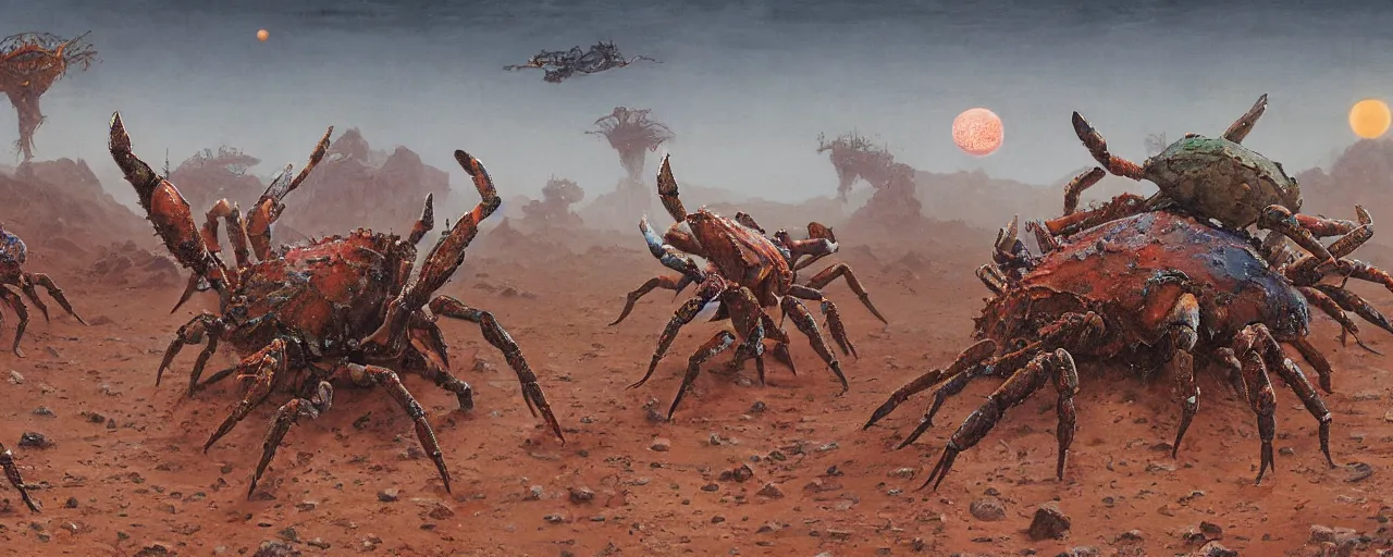 Image similar to a herd of giant crabs running abound on barren desert exoplanet by James Gurney, Beksinski and Alex Gray