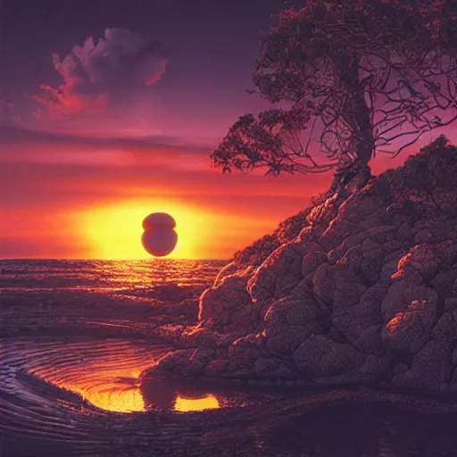 Image similar to bio-futurism,utopia,differential growth,beautiful sunset,michael whelan,photorealistic,detailed