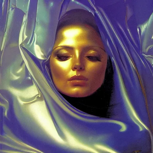 Image similar to a chrome woman's face in flowing sheets of cobalt blue gold chrome silver satin mirror foil, by moebius syd mead roger dean wojciech siudmak donato giancola yoshitaka amano michael cheval ivan aivazovsky jan de heem pieter claesz paul delaroche alma tadema aelbert cuyp, hyperrealistic volumetric light render