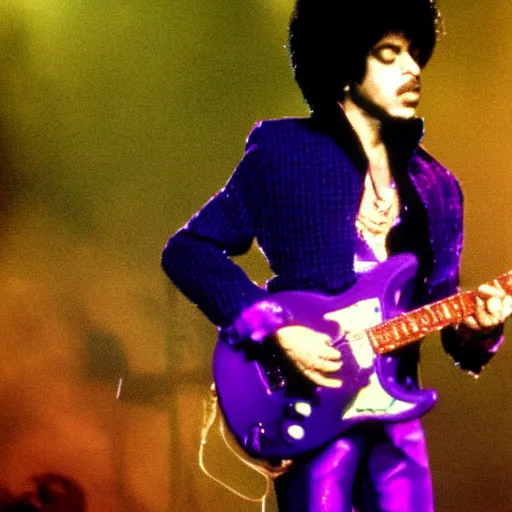 Prompt: candid photo of Prince playing guitar in purple rain reality