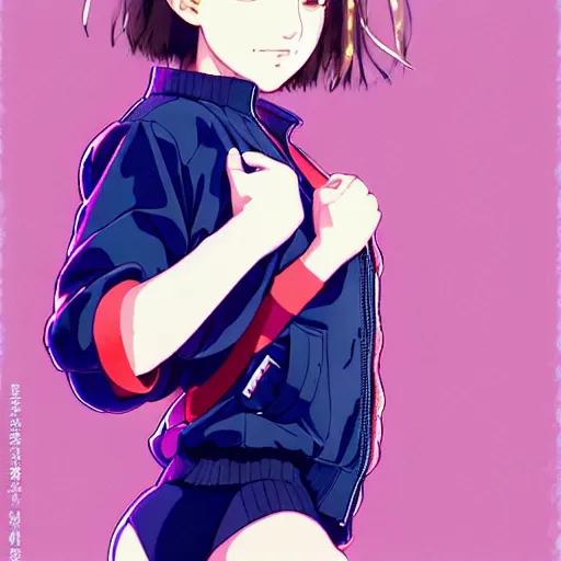 Image similar to a beautiful! boyish! natalie portman alluring gravure! model, wearing oversized mayan bomber jacket and leotard with overalls, bulky poofy bomber jacket with mayan patterns, gapmoe yandere grimdark, trending on pixiv fanbox, painted by greg rutkowski makoto shinkai takashi takeuchi studio ghibli, akihiko yoshida