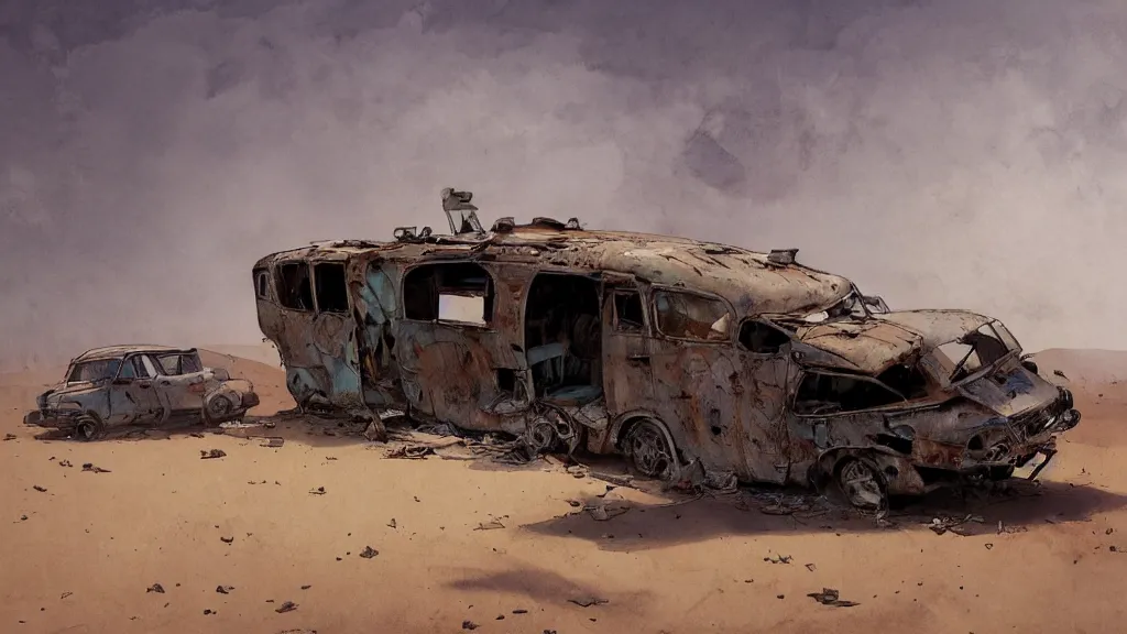 Image similar to abandoned caravan wreck in the middle of a desert, papyrus, watercolored, jakub rozalski, dark colours, dieselpunk, artstation