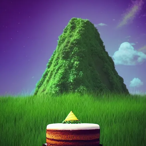 Prompt: “ a birthday cake in a lush landscape by Beeple”