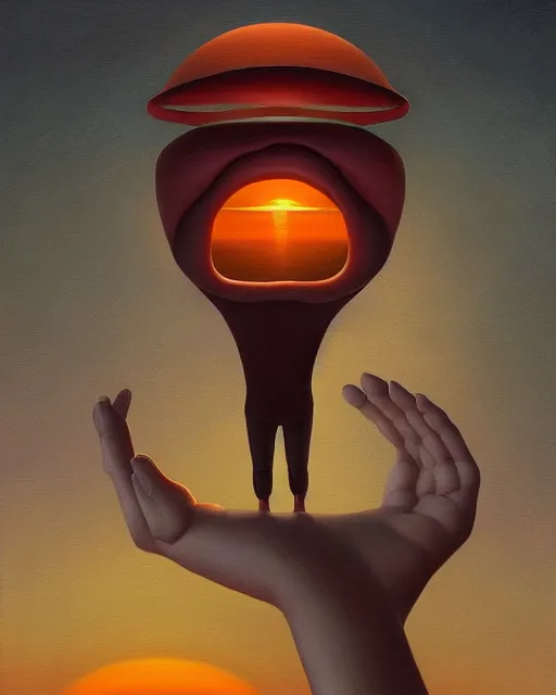 Prompt: a painting of randy manzo, a surrealist painting by Naoto Hattori, sunset, by Beeple, symmetry, by Makoto Shinkai and Lois van baarle, trending on deviantart, pop surrealism, lowbrow,, whimsical