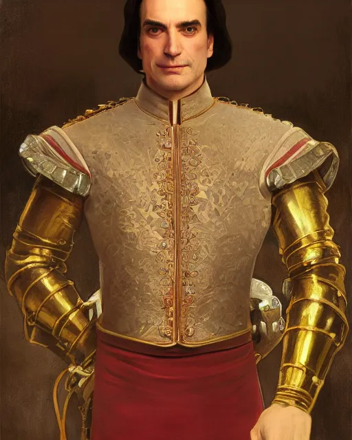 Image similar to Lord Farquaad from Shrek posing dramatically, luxurious royal suit, sigma male, portrait art by alphonse mucha and greg rutkowski, highly detailed, digital painting, concept art, illustration, dim lighting with twilight rays of sunlight, trending on artstation, very detailed, smooth, sharp focus, octane render, close up