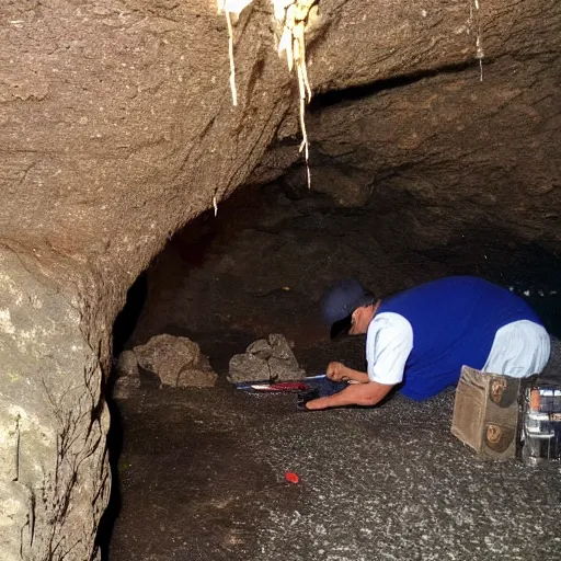 Prompt: pepe working in a cave