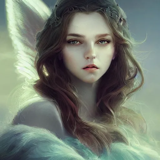 Image similar to Fantasy Mystical Beautiful Female Winged Guardian named Aurora, Highly Detailed Photorealistic, beautiful face, by NIXEU, by Việt Anh, by WLOP