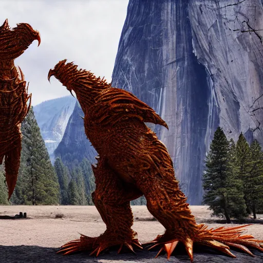 Image similar to evil steel chicken kaiju at yosemite, epic scale, hyper detailed, photorealistic, octane render, trending at cgstation, rule of thirds, 8 k.