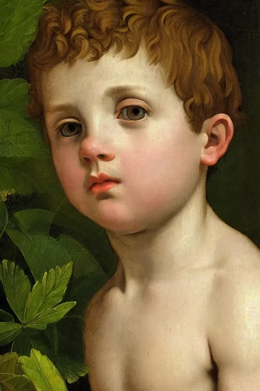 Image similar to renaissance painting of young boy in the garden, closeup, short hair, interest face, emotions closeup, dressed in roman armour, the beautiful garden with birch leaves everywhere, ultra detailed, art by Guido Reni style, Vincenzo Catena style