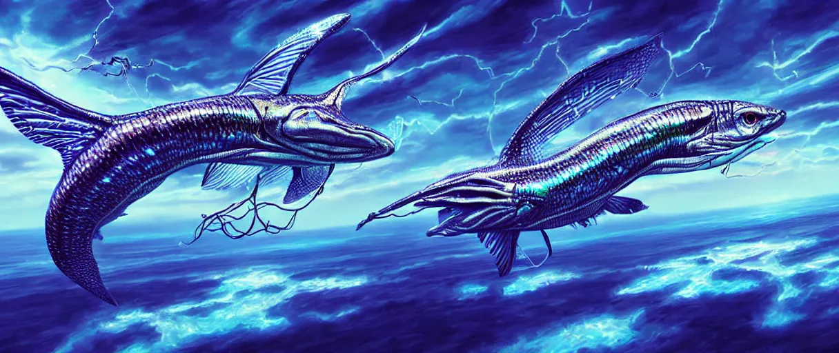 Prompt: hyperrealistic very intricate sloane’s viperfish swimming through puffy clouds above dystopian neon city digital painting concept art salvador dali alex grey cinematic soft glow lighting high angle hd 8k sharp shallow depth of field