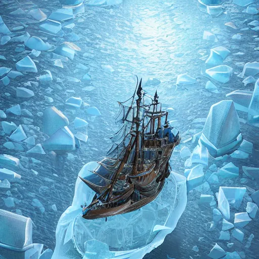 Prompt: pirate ship encased in ice in an icy bay, aerial view, artwork by harumi hiornaka, highly detailed volumetric lighting, biomech style, concept art by michael hutter