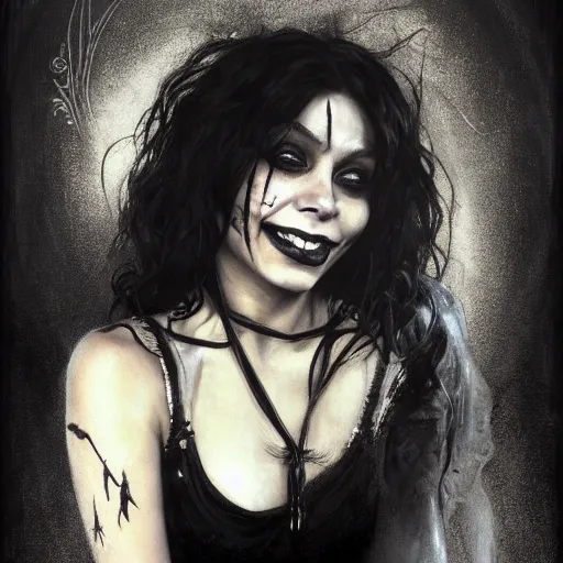 Image similar to beautiful portrait of vanessa hudgens as death from sandman, smiling, by cedric peyravernay, alphonse mucha, by jeremy mann, by lecouffe deharme, goth chic, soft lightning, eyeliner, punk rock, high detailed, 8 k