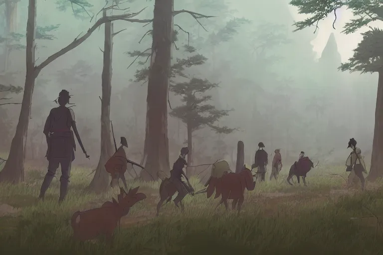 Image similar to cell shaded key visual of a group nomads hunting in a misty forest at dawn in the style of studio ghibli, moebius, makoto shinkai,