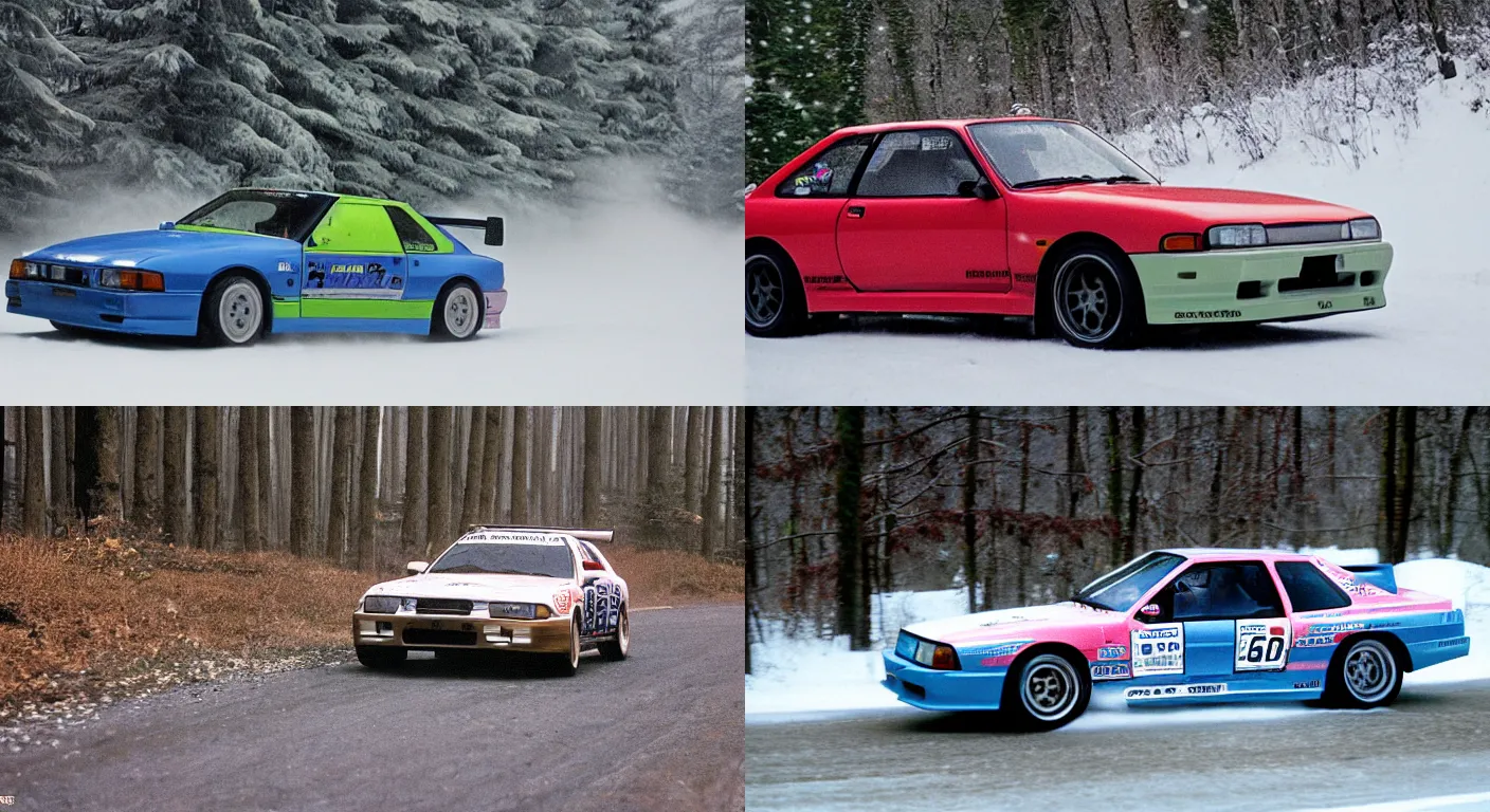 Prompt: a 1 9 9 3 mine's skyline gt - r, racing through a rally stage in a snowy forest