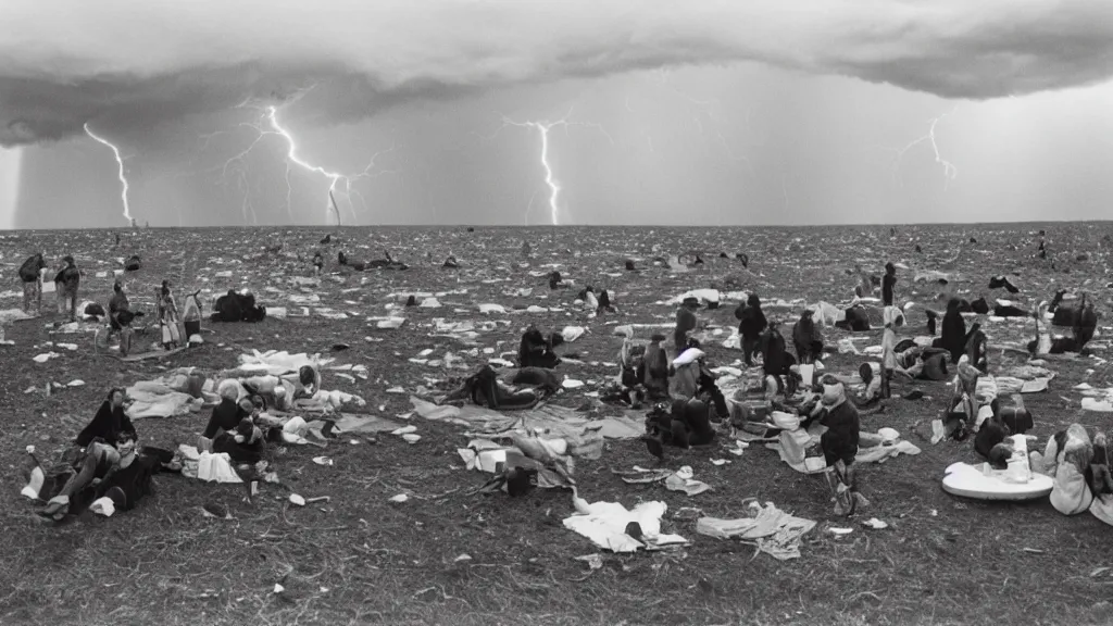 Image similar to climate change disaster, lightning, hurricane, hailstorm, gale force winds, floods, as seen by a people having picnic in a park, large-format photography, wide angle