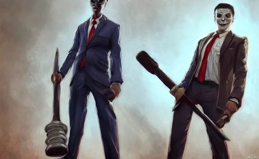 Prompt: cinematic view of a dead by daylight killer lawyer wearing a blue business suit holding a giant gavel hammer, character portrait, by krenz cushart