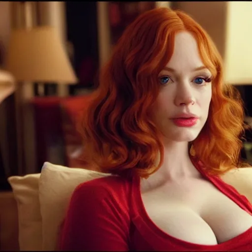 Image similar to amazing beautiful Christina Hendricks with puffy lips in the living room, film still from the movie directed by Denis Villeneuve , wide lens