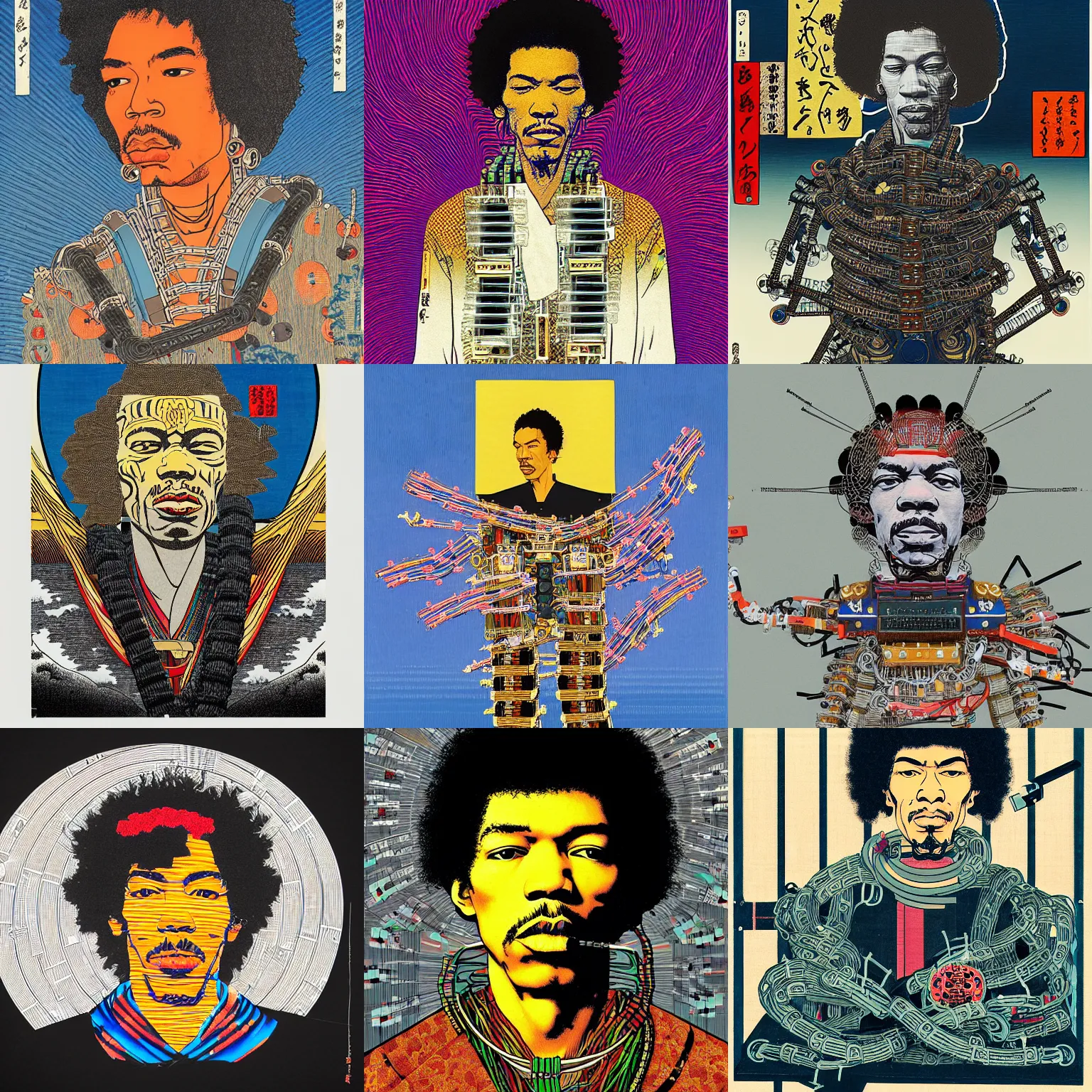 Prompt: a ukiyo-e portrait of jimi hendrix as a robot saint made of cables and robotic parts, on a white background, by Hiroshige in the style of simon stålenhag