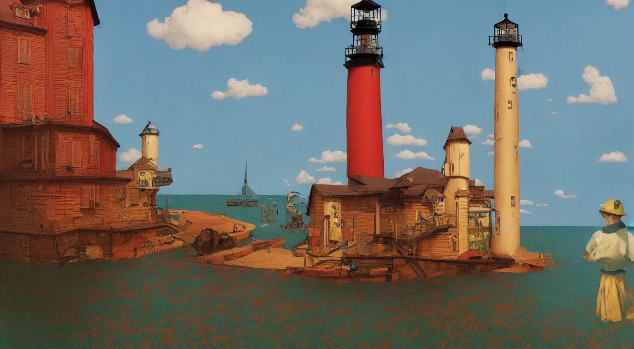 Prompt: single flooded! wooden ancient lighthouse, very coherent and colorful high contrast!! masterpiece by rene magritte simon stalenhag carl spitzweg syd mead norman rockwell edward hopper james gilleard, dark shadows, sunny day, hard lighting