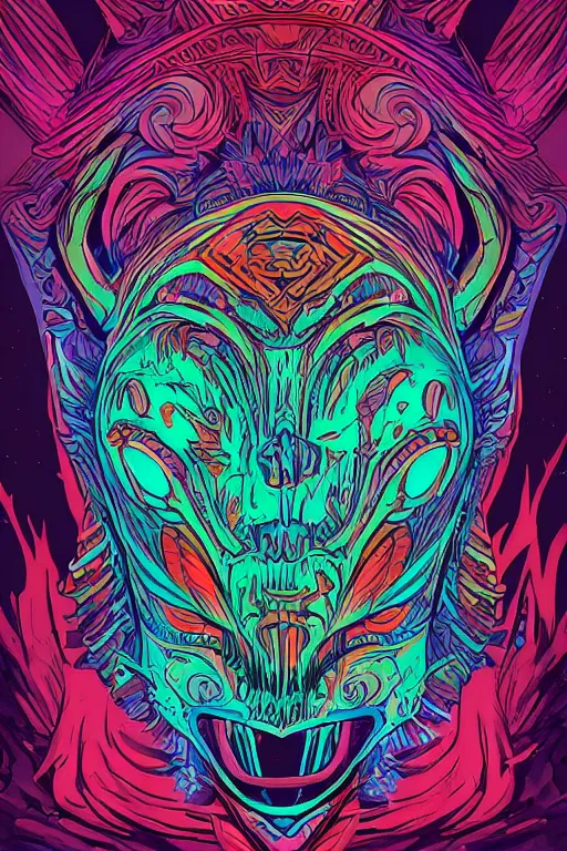 Image similar to animal mask totem roots tribal feather gemstone plant wood rock shaman vodoo video game vector illustration vivid multicolor borderlands comics by josan gonzales and dan mumford radiating a glowing aura