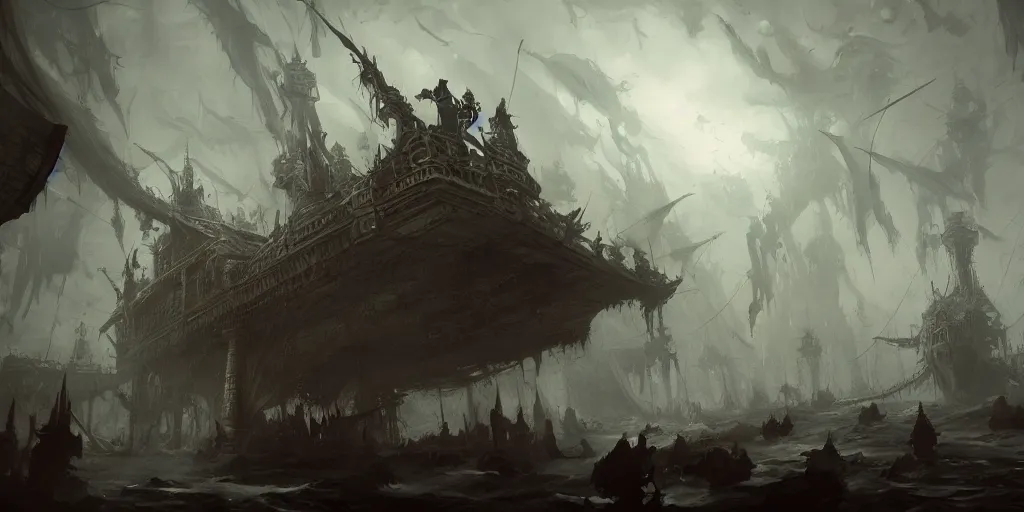 Image similar to D&D fighting ghosts wraiths specters spirits on ship lower deck, dark fantasy, intricate, highly detailed, digital painting, artstation, concept art, smooth, sharp focus, great composition, illustration, wide angle shot, full body visible, art by Greg Rutkowski, trending on artstation