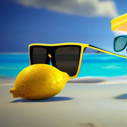 Prompt: a lemon relaxing on the beach wearing sunglasses, pixar render, amazing details, cinematic composition, cinematic, 100mm