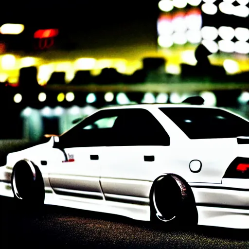 Image similar to a car JZX100 twin turbo drift at illegal car meet, Shibuya prefecture city midnight mist lights cinematic lighting photorealistic highly detailed wheels, high detail